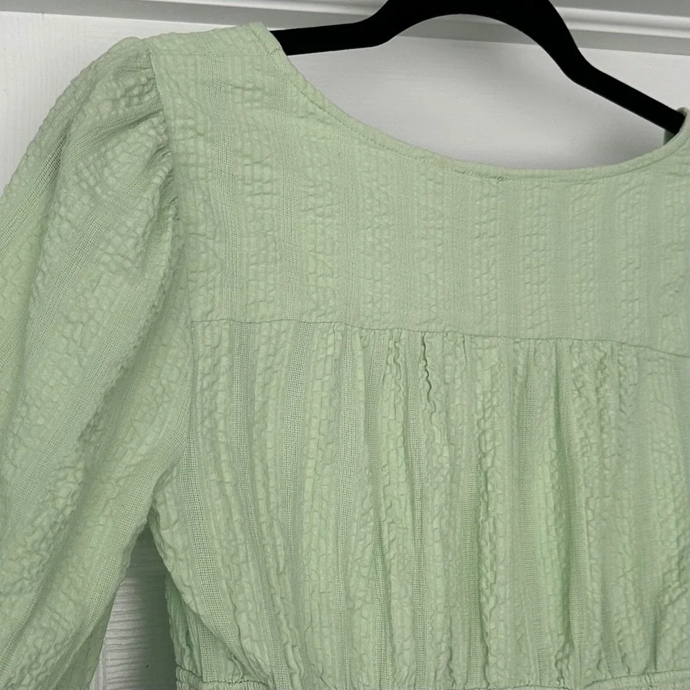 Free People 100%‎ Cotton Green Puff Sleeve Smocked Lolita Peasant Top Size Small